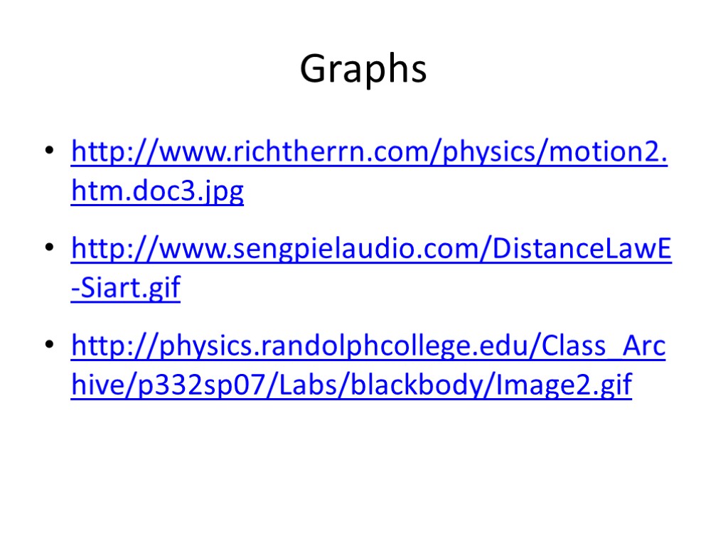 Graphs http://www.richtherrn.com/physics/motion2.htm.doc3.jpg http://www.sengpielaudio.com/DistanceLawE-Siart.gif http://physics.randolphcollege.edu/Class_Archive/p332sp07/Labs/blackbody/Image2.gif